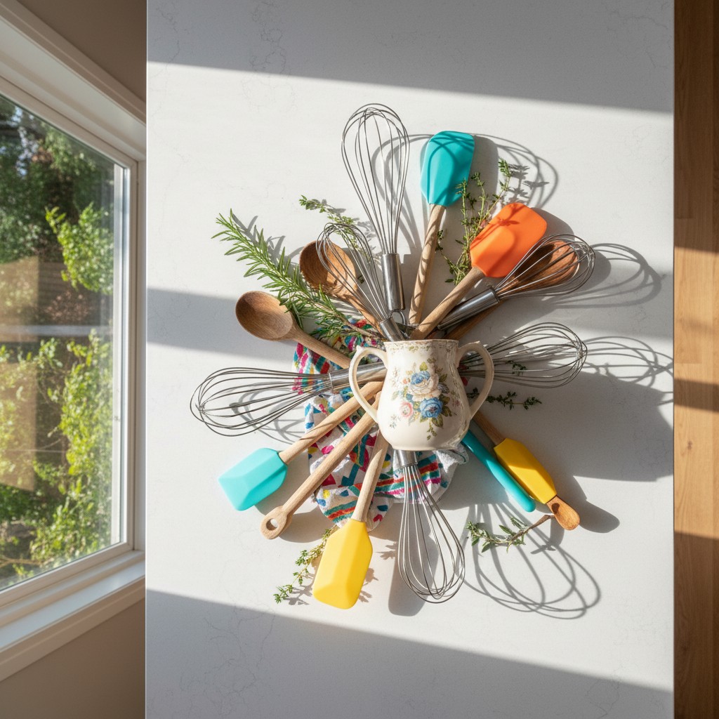 A collection of colorful kitchen utensils, including wooden spoons, whisks, and spatulas, arranged around a white decorati...