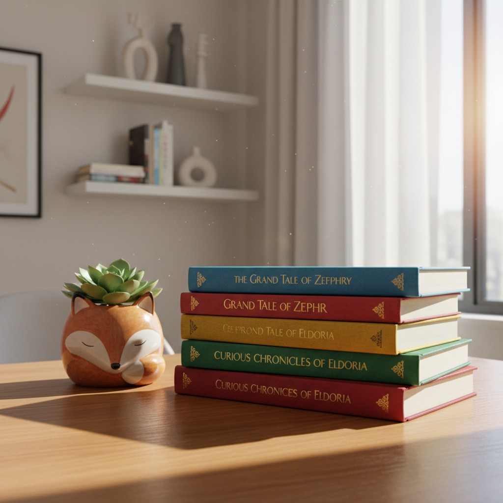 A stack of five colorful books with fantasy titles rests on a table beside a small fox planter, alongside a shelf with mor...