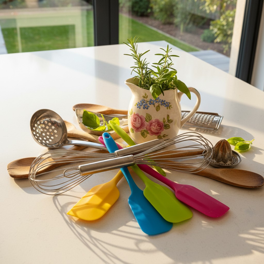 Kitchen tools for cooking and baking, displayed on a white countertop, with a bouquet of herbs arranged in a porcelain pit...