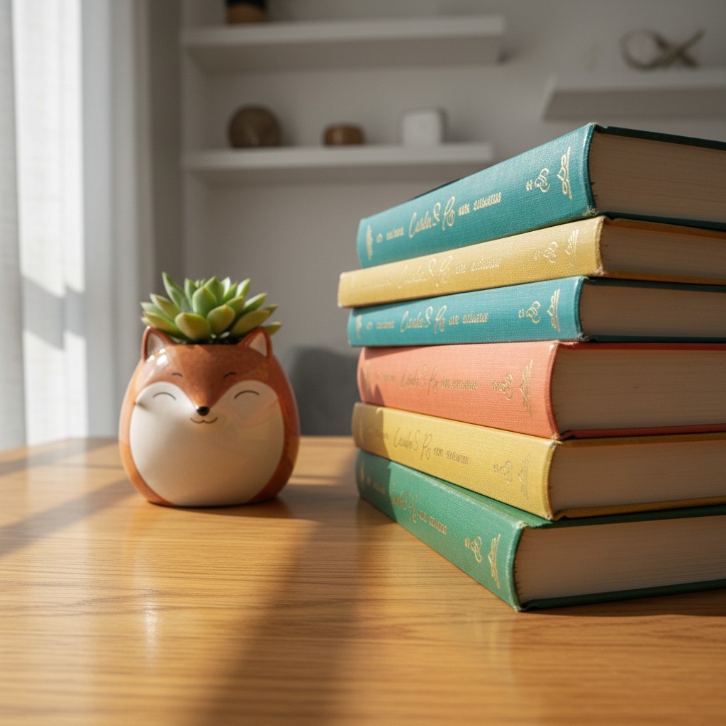A stack of books in pastel-colored spines, featuring yellow, green, and pink hues, with a small fox ceramic planter on the...