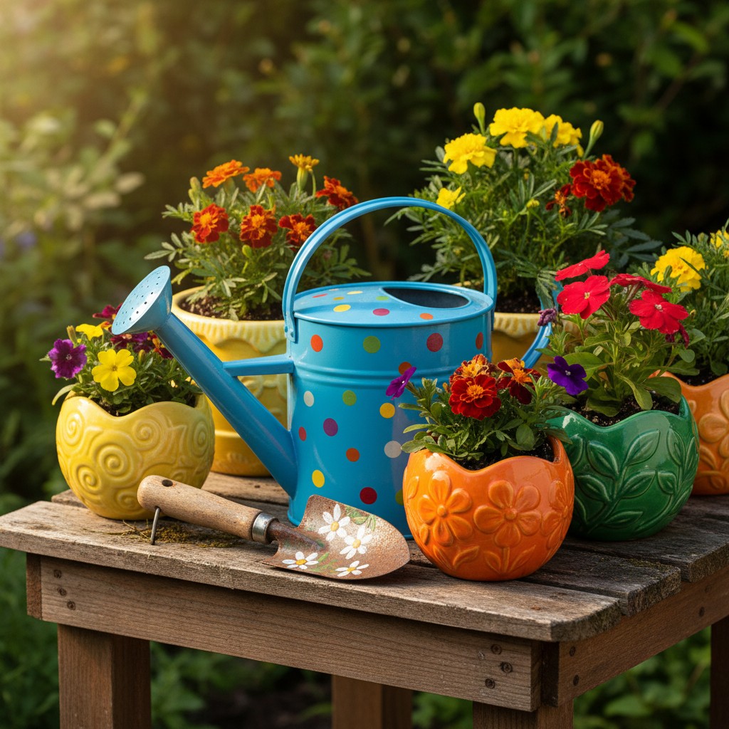A well-manicured garden table, showcasing four small containers and a watering can, features vibrant flowers in yellow, re...